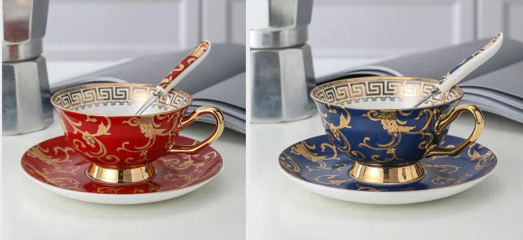 ALDO Home & Kitchen>Dinner Set luxurious Royal Palace Style Classic Red and Blue Coffee and Tea Set Hand Made Bone China Porcelain Real Gold Leaf Set for Four