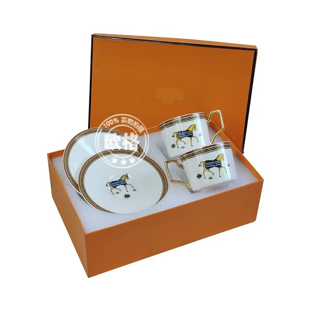 ALDO Home & Kitchen>Dinner Set Porcelain / Model 3 Two Coup and Two Saucer English Syle Galloping Horses Art Coffee and Tea Set Hand Made Porcelain 24 Karat Gold Plated Set for Two