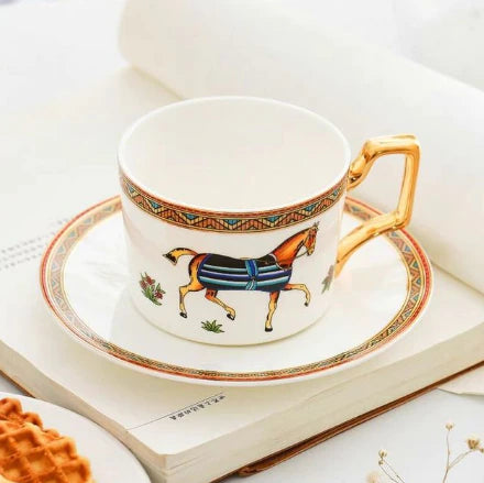 ALDO Home & Kitchen>Dinner Set Porcelain / Model 4  One Coup and One Saucer English Syle Galloping Horses Art Coffee and Tea Set Hand Made Porcelain 24 Karat Gold Plated Set for Two