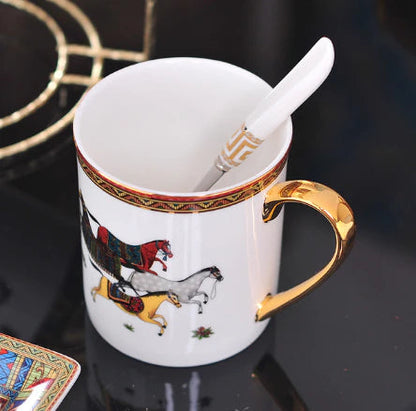 ALDO Home & Kitchen>Dinner Set Porcelain / Model 7 Coffee  or Tea Cup With Spoon English Syle Galloping Horses Art Coffee and Tea Set Hand Made Porcelain 24 Karat Gold Plated Set for Two