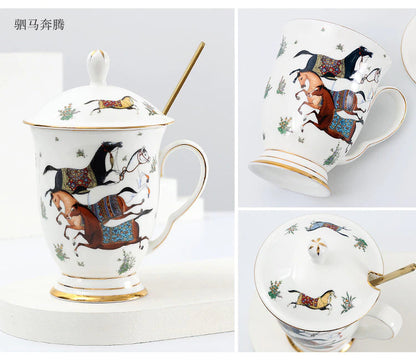 ALDO Home & Kitchen>Dinner Set Porcelain / Model 9 One Big Cup With Top Lid Spoon English Syle Galloping Horses Art Coffee and Tea Set Hand Made Porcelain 24 Karat Gold Plated Set for Two