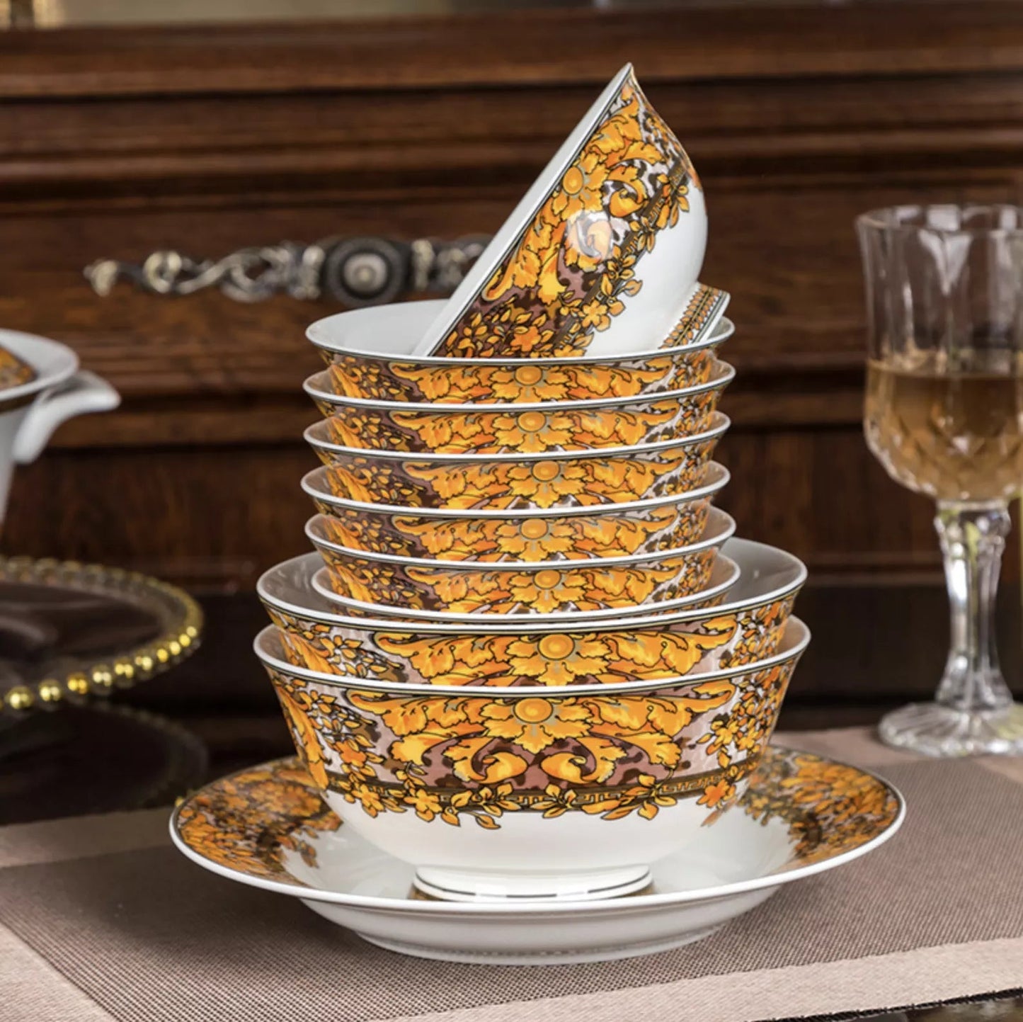 ALDO Home & Kitchen>Dinner Set Serving  60 Pieces / Porcelan / Brown Gold and White Luxury Versace Golden Medusa Head Style Glazed Gold-edge Hand Made Fine Porcelain Dinner 60 pieces Set