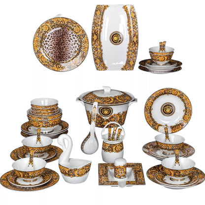 ALDO Home & Kitchen>Dinner Set Serving  60 Pieces / Porcelan / Brown Gold and White Luxury Versace Golden Medusa Head Style Glazed Gold-edge Hand Made Fine Porcelain Dinner 60 pieces Set