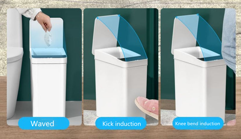 ALDO Household Supplies > Waste Containment > Trash Cans & Wastebaskets 12.5" x 9.25" x 7.4" inches / ABC Plastic / Three Mode Opening Intelligent Smart Trash Can Three Mode Opening Kick Induction Smart Sensor Dustbin Rechargable USB Waterproof Garbage Bin White With Free Set Of Bags