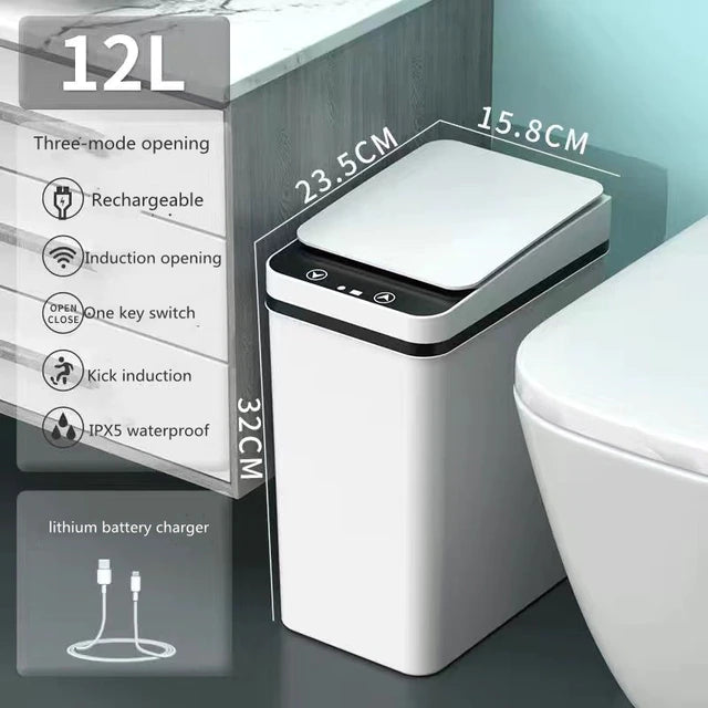 ALDO Household Supplies > Waste Containment > Trash Cans & Wastebaskets 12.5" x 9.25" x 7.4" inches / ABC Plastic / Three Mode Opening Intelligent Smart Trash Can Three Mode Opening Kick Induction Smart Sensor Dustbin Rechargable USB Waterproof Garbage Bin White With Free Set Of Bags