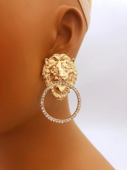 ALDO Jewelry Unique  Stylish Lion Head Round Hoop Stud Earrings with Rhinestones