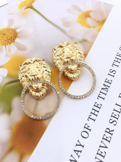 ALDO Jewelry Unique  Stylish Lion Head Round Hoop Stud Earrings with Rhinestones