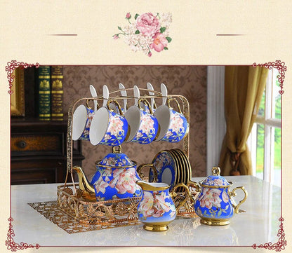 ALDO ‎> Kitchen & Dining > Tableware > Dinnerware Blue Tulip Royal Court Cofee and Tea Luxury Porcelain Set With 24K Gold Plated For Six with Spoons