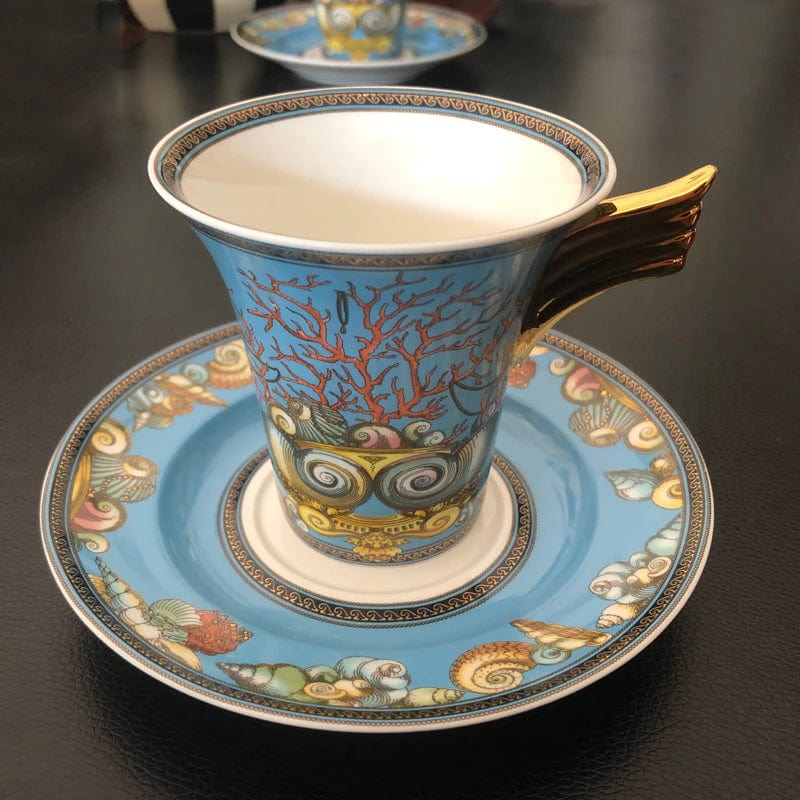 ALDO ‎> Kitchen & Dining > Tableware > Dinnerware Four Cups an Saucers / porcelain / new Versace Style Blue Ocean Luxury Coffee and Tea Porcelain 24 karat Gold Plated Sets