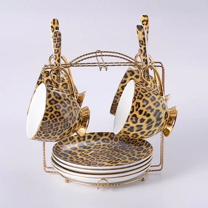 ALDO ‎> Kitchen & Dining > Tableware > Dinnerware Four Cups Saucers and Spoons / porcelain / new Leopard Style Luxury Coffee and Tea Porcelain 24 Karat Gold Plated Sets For Six