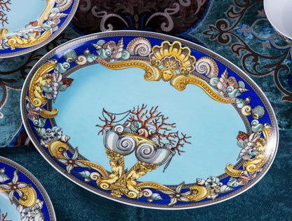 ALDO Kitchen & Dining > Tableware > Dinnerware Luxury European Royal Style Blue Ocean Hand Made Fine Porcelain Dinner Set For 10 Person