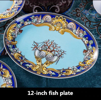 ALDO Kitchen & Dining > Tableware > Dinnerware Luxury European Royal Style Blue Ocean Hand Made Fine Porcelain Dinner Set For 10 Person