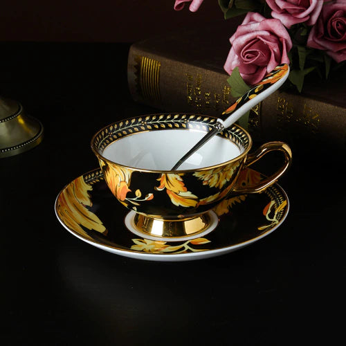 ALDO ‎> Kitchen & Dining > Tableware > Dinnerware One Cup with  Saucers & Spoon / porcelain / new British Riyal Collection Style Elegant Coffee and Tea Luxury 24 karat Plated Porcelain Set