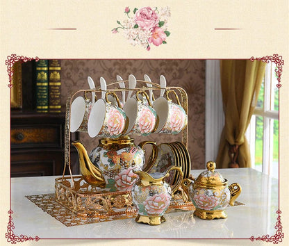 ALDO ‎> Kitchen & Dining > Tableware > Dinnerware Rose Garden Royal Court Cofee and Tea Luxury Porcelain Set With 24K Gold Plated For Six with Spoons