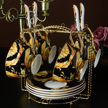 ALDO ‎> Kitchen & Dining > Tableware > Dinnerware Set Of Four Cups Ttwo Saucers Spoons and Rack / porcelain / new British Riyal Collection Style Elegant Coffee and Tea Luxury 24 karat Plated Porcelain Set