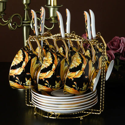 ALDO ‎> Kitchen & Dining > Tableware > Dinnerware Set of Six Cups  Saucers Spoons and Rack / porcelain / new British Riyal Collection Style Elegant Coffee and Tea Luxury 24 karat Plated Porcelain Set