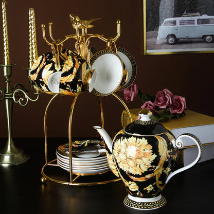 ALDO ‎> Kitchen & Dining > Tableware > Dinnerware Set of Six Cups Six  Saucers Six Spoons Tea/ Coffe Pot and Rack / porcelain / new British Riyal Collection Style Elegant Coffee and Tea Luxury 24 karat Plated Porcelain Set