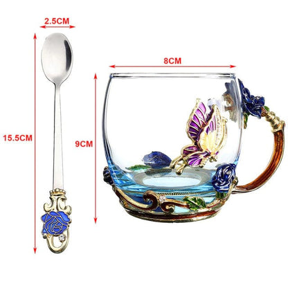 ALDO ‎> Kitchen & Dining > Tableware > Dinnerware Short style Cup with Blue Rose / crystal glass / new Transparent Glass Coffee Tea Mug Blue and Red Roses Heat-Resistant Cup Set with Stainless Steel Spoon, Coaster and Wipe Cloth