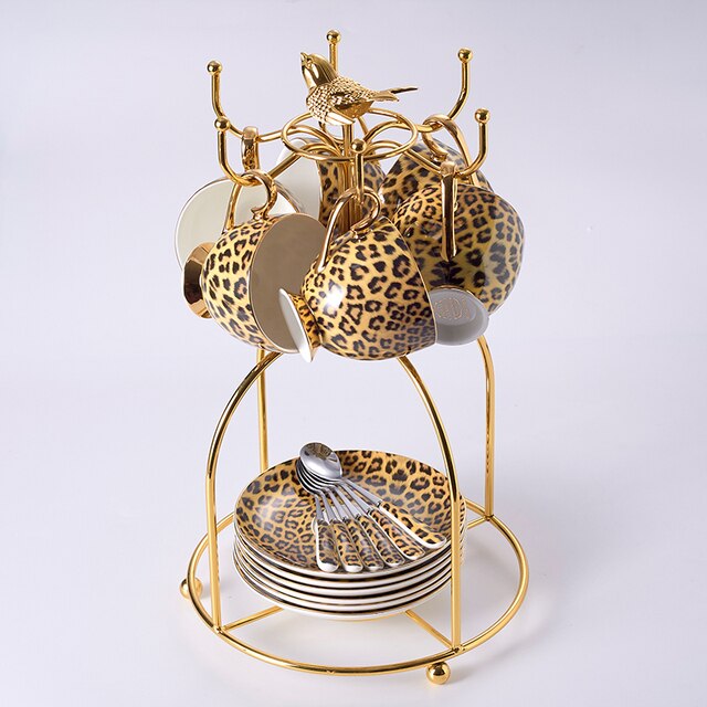 ALDO ‎> Kitchen & Dining > Tableware > Dinnerware Six Cups Saucers and Spoons and Ruck / porcelain / new Leopard Style Luxury Coffee and Tea Porcelain 24 Karat Gold Plated Sets For Six