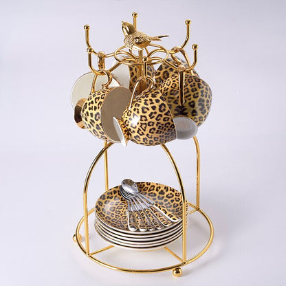 ALDO ‎> Kitchen & Dining > Tableware > Dinnerware Six Cups Saucers and Spoons and Ruck / porcelain / new Leopard Style Luxury Coffee and Tea Porcelain 24 Karat Gold Plated Sets For Six