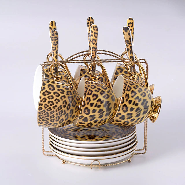 ALDO ‎> Kitchen & Dining > Tableware > Dinnerware Six Cups Saucers and Spoons / porcelain / new Leopard Style Luxury Coffee and Tea Porcelain 24 Karat Gold Plated Sets For Six