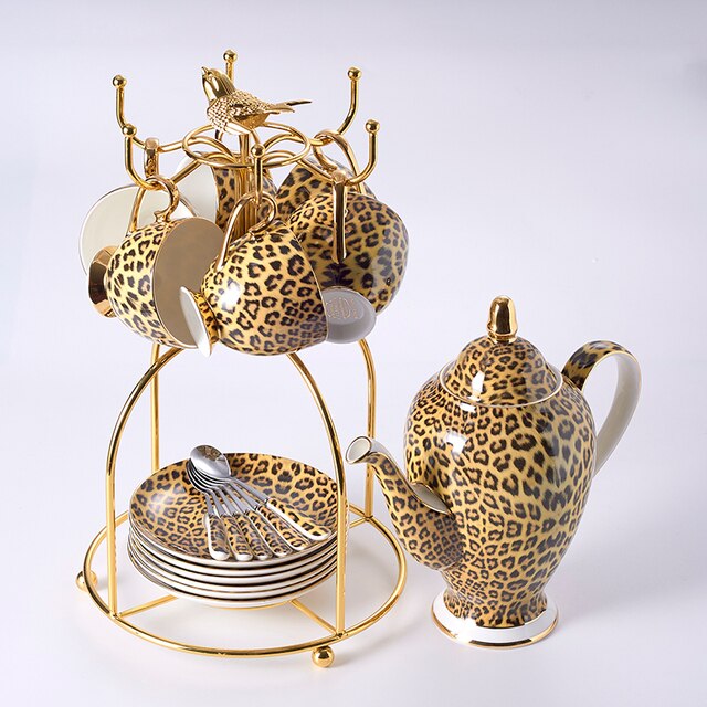 ALDO ‎> Kitchen & Dining > Tableware > Dinnerware Six Cups Saucers and Spoons Ruck and Teapot / porcelain / new Leopard Style Luxury Coffee and Tea Porcelain 24 Karat Gold Plated Sets For Six