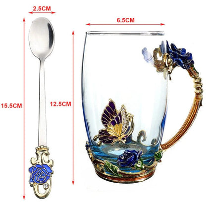 ALDO ‎> Kitchen & Dining > Tableware > Dinnerware Toll style Cup with Blue Rose / crystal glass / new Transparent Glass Coffee Tea Mug Blue and Red Roses Heat-Resistant Cup Set with Stainless Steel Spoon, Coaster and Wipe Cloth