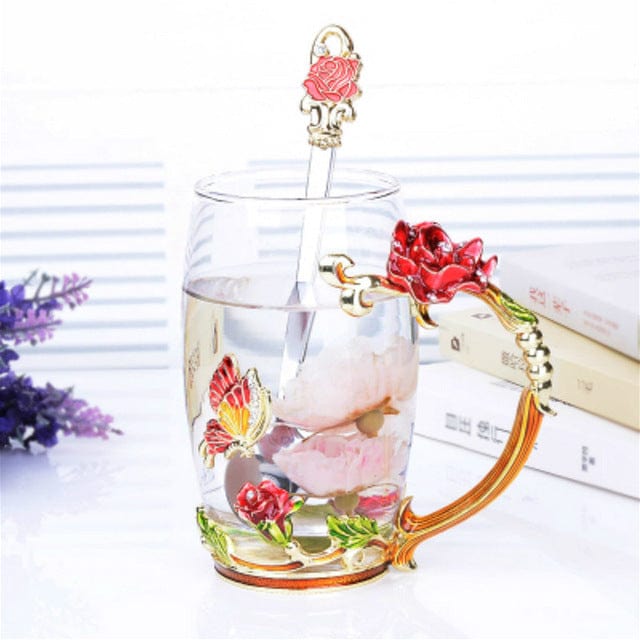 ALDO ‎> Kitchen & Dining > Tableware > Dinnerware Toll style Cup with Red Rose / crystal glass / new Transparent Glass Coffee Tea Mug Blue and Red Roses Heat-Resistant Cup Set with Stainless Steel Spoon, Coaster and Wipe Cloth