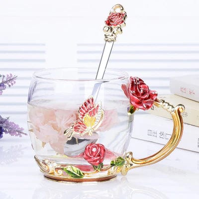 ALDO ‎> Kitchen & Dining > Tableware > Dinnerware Transparent Glass Coffee Tea Mug Blue and Red Roses Heat-Resistant Cup Gift Sets Set with Stainless Steel Spoon and Coaster