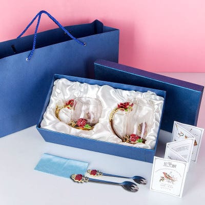 ALDO ‎> Kitchen & Dining > Tableware > Dinnerware Transparent Glass Coffee Tea Mug Blue and Red Roses Heat-Resistant Cup Gift Sets Set with Stainless Steel Spoon and Coaster