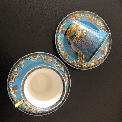 ALDO ‎> Kitchen & Dining > Tableware > Dinnerware Two Cups and Saucers / porcelain / new Versace Style Blue Ocean Luxury Coffee and Tea Porcelain 24 karat Gold Plated Sets