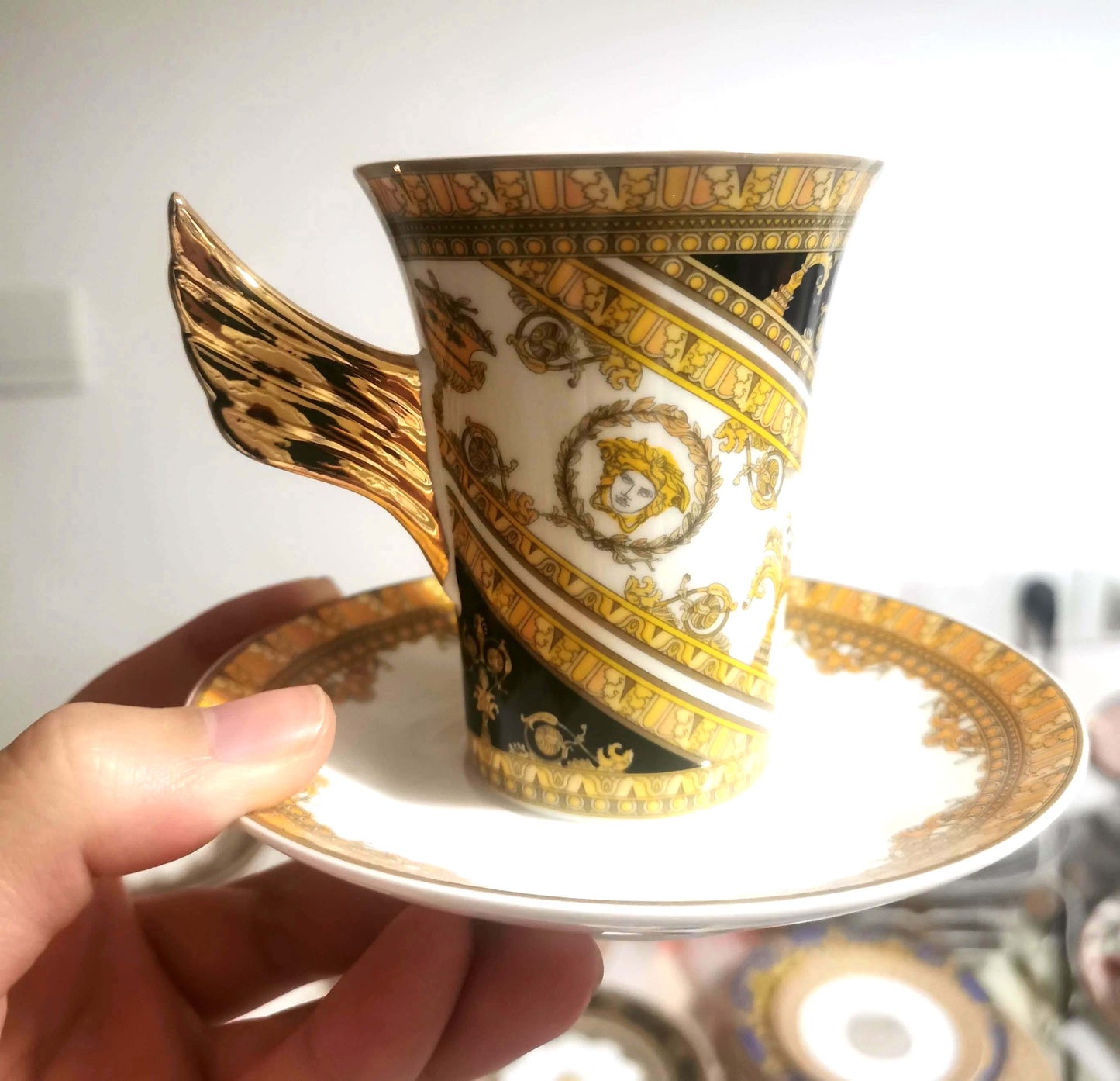 ALDO ‎> Kitchen & Dining > Tableware > Dinnerware Two Cups and Saucers / porcelain / new Versace Style Golden Luxury Coffee and Tea Porcelain Gold Plated Sets