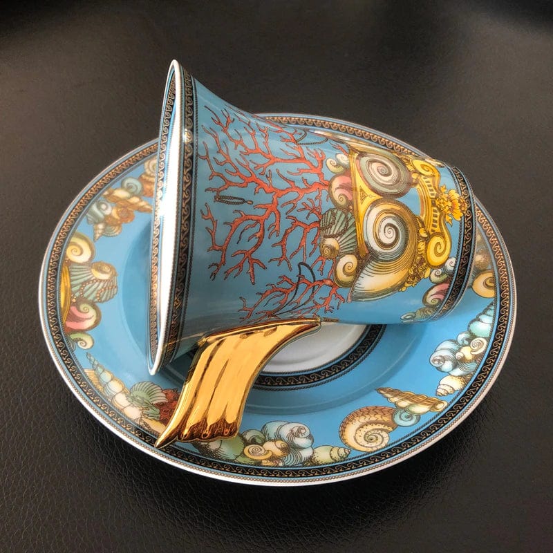 ALDO ‎> Kitchen & Dining > Tableware > Dinnerware Versace Style Blue Ocean Luxury Coffee and Tea Porcelain 24 karat Gold Plated Sets