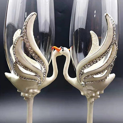 ALDO Kitchen & Dining > Tableware > Drinkware Exquisite Unique Custom Made  Swan Wedding Led Free Crystal Champagne Wine Glasses Set of Two