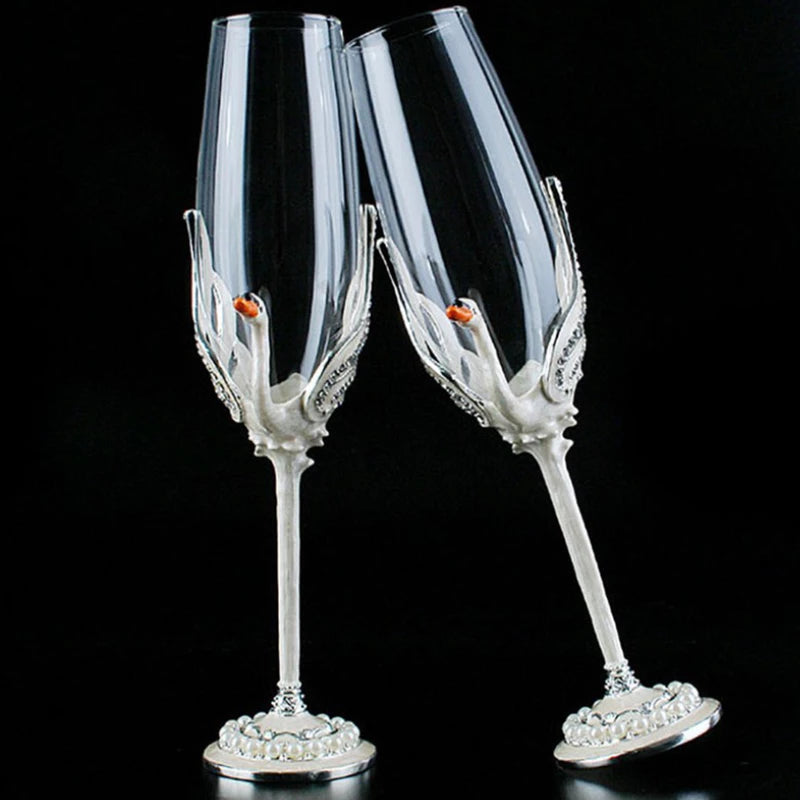 ALDO Kitchen & Dining > Tableware > Drinkware Exquisite Unique Custom Made  Swan Wedding Led Free Crystal Champagne Wine Glasses Set of Two