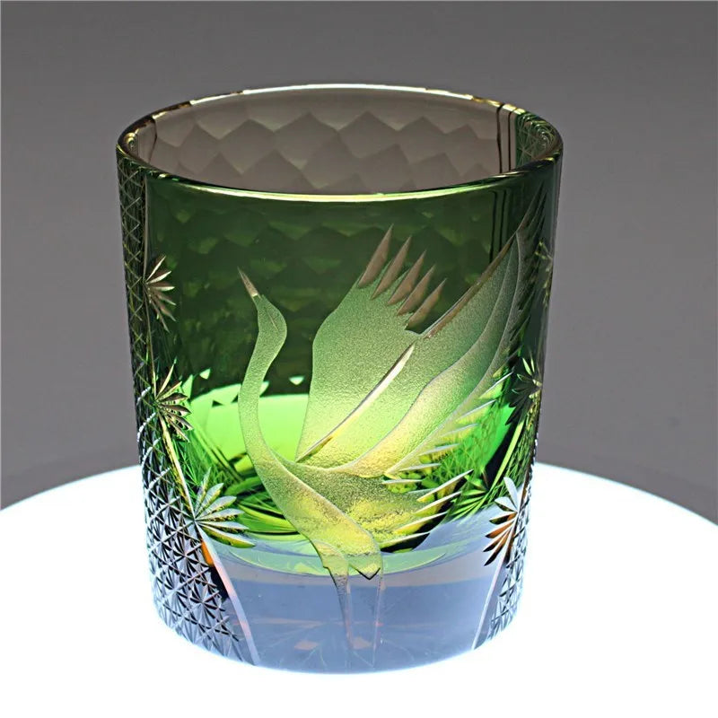 ALDO Kitchen & Dining > Tableware > Drinkware Green / 260 ml Exquisite Unique Pine Crane Japanese Kiriko Style Manual Carved Lead Free Crystal Whiskey Coctail Glass