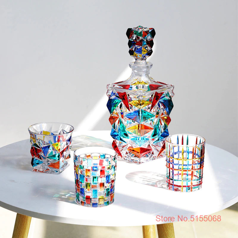 ALDO Kitchen & Dining > Tableware > Drinkware Italian Murano Style Luxury Hand Cut and Painted Colorful Stain lead Free Crystal Free Whisky Vodka Cocktail Glasses and Decanter