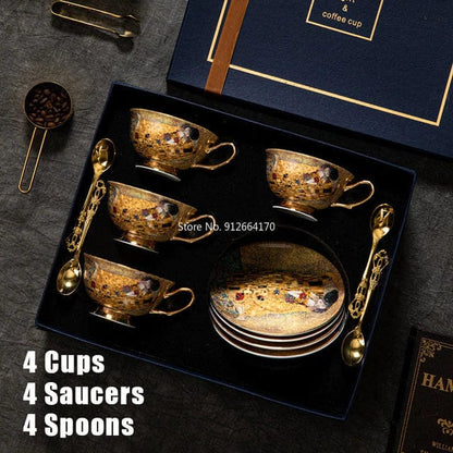 ALDO Kitchen & Dining > Tableware > Drinkware New Coffee and Tea Sets / Porcelain / Four Cups Four Saucers Four Spoons Royal Classic Klimt Art The Kiss Coffee and Tea Set Bone China Porcelain 24 K Gold Plated