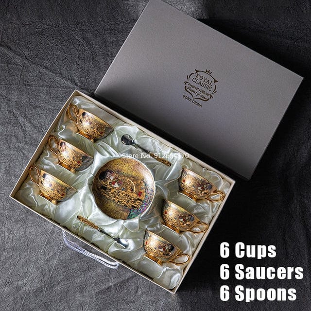 ALDO Kitchen & Dining > Tableware > Drinkware New Coffee and Tea Sets / Porcelain / Six Coups Six Saucers Six Spoons Royal Classic Klimt Art The Kiss Coffee and Tea Set Bone China Porcelain 24 K Gold Plated