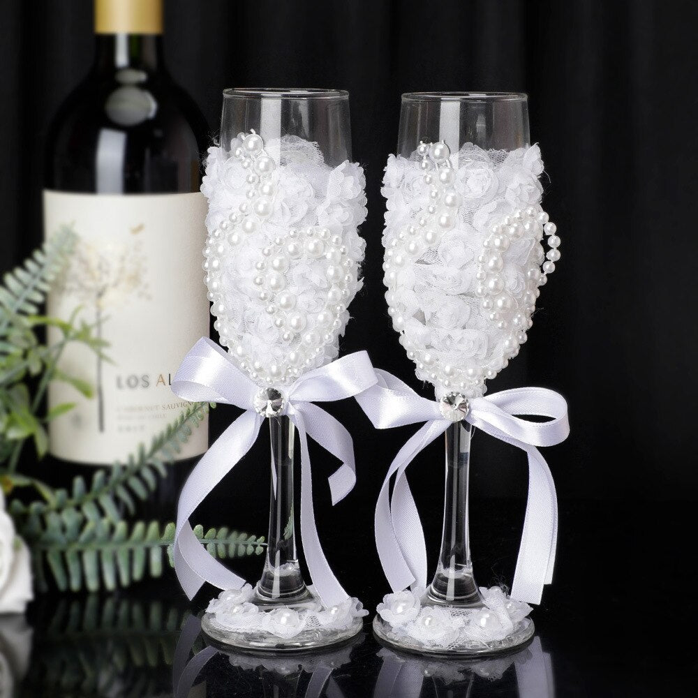 ALDO Kitchen & Dining > Tableware > Drinkware New / Lead free Crystal / 2.5 x 8.4 x 2.5 Inches Eligant Laxury Bride and Groom Dressed In Rhinestone Bridal Set Lead Free Crystal Champagne Wine Glasses with Cake Knife and Shovel