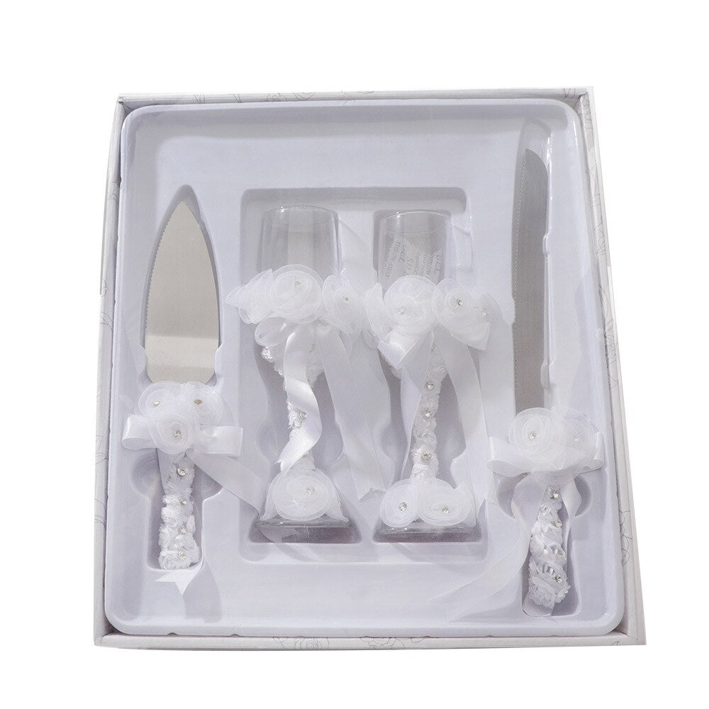 ALDO Kitchen & Dining > Tableware > Drinkware New / Lead free Crystal / 2.5 x 8.4 x 2.5 Inches Eligant Laxury Bride and Groom Dressed In Rhinestone Bridal Set Lead Free Crystal Champagne Wine Glasses with Cake Knife and Shovel