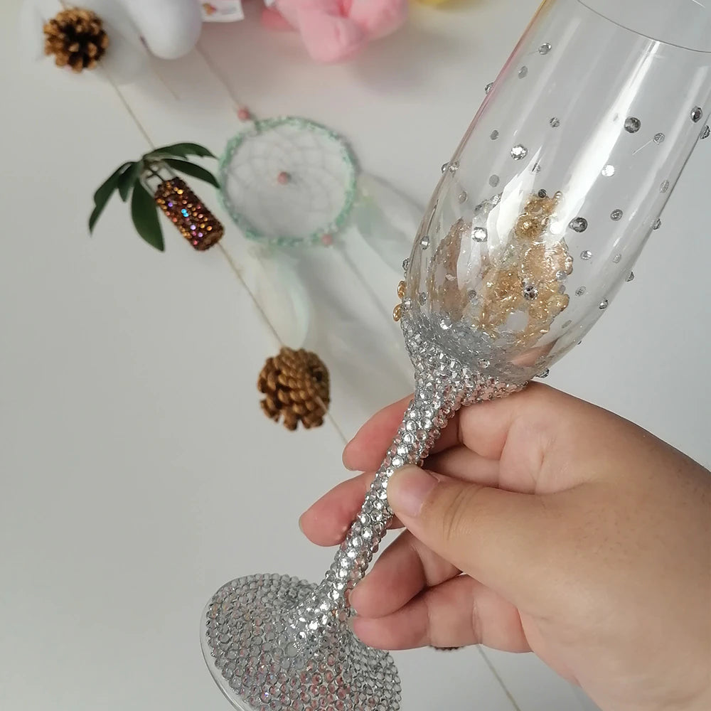 ALDO Kitchen & Dining > Tableware > Drinkware New / Lead free Crystal / transperent Handmade Amazing Bride and Groom Dressed In Rhinestone Led Free Crystal Champagne Wine Glasses Set of Two