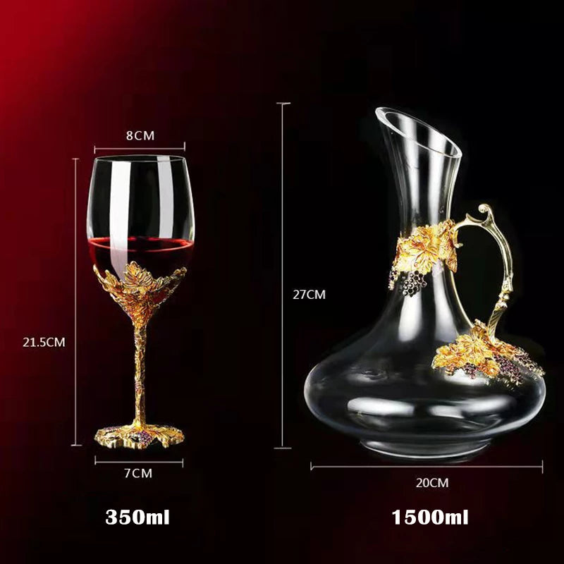 ALDO Kitchen & Dining > Tableware > Drinkware One Enamel Wine Glass / Crystal / Wine Glass:  21.5cm  x 7cm x 8 cm.  Wine Decanter: 27cm x 20 cm x 5.5 cm Golden Grape Vintage Enamel Lead Free Crystal Goblet Wine Glasses and Wine Decanter