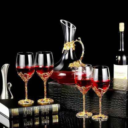 ALDO Kitchen & Dining > Tableware > Drinkware Set of Four Enamel Wine Glass and Wine Decanter Set / Crystal / Wine Glass:  21.5cm  x 7cm x 8 cm.  Wine Decanter: 27cm x 20 cm x 5.5 cm Golden Grape Vintage Enamel Lead Free Crystal Goblet Wine Glasses and Wine Decanter