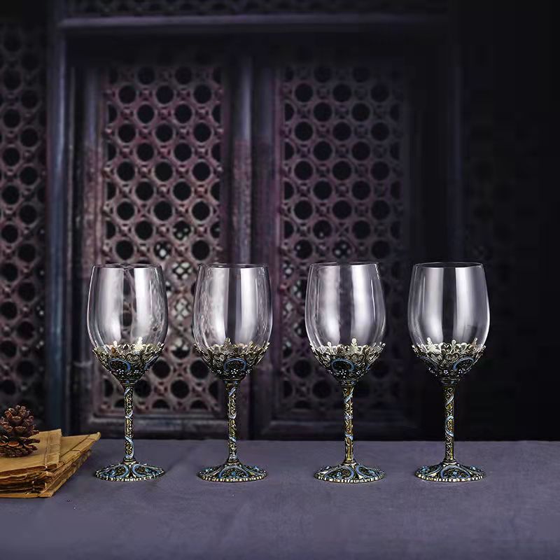 ALDO Kitchen & Dining > Tableware > Drinkware Set of Four Enamel Wine Glass / Crystal / Wine Glass:  21.5 x 6.7 x 6.5cm. Decanter: 24cm x 19 cm x 5.5 cm Custom Made Vintage Enamel Lead Free Crystal Goblet Wine Glasses and Wine Decanter