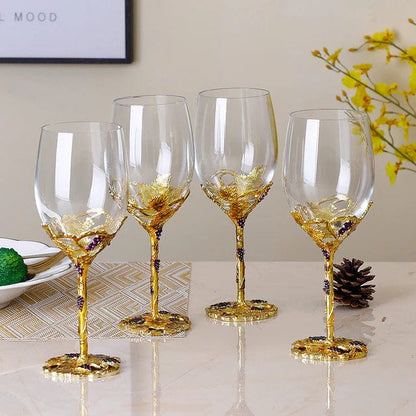 ALDO Kitchen & Dining > Tableware > Drinkware Set of Four Enamel Wine Glasses / Crystal / Wine Glass:  21.5cm  x 7cm x 8 cm.  Wine Decanter: 27cm x 20 cm x 5.5 cm Wine Grape Design Enamel Lead Free Crystal Goblet Wine Glasses and Wine Decanter