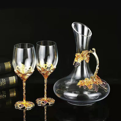 ALDO Kitchen & Dining > Tableware > Drinkware Set of Two Enamel Wine Glass and Wine Decanter Set / Crystal / Wine Glass:  21.5cm  x 7cm x 8 cm.  Wine Decanter: 27cm x 20 cm x 5.5 cm Golden Grape Vintage Enamel Lead Free Crystal Goblet Wine Glasses and Wine Decanter