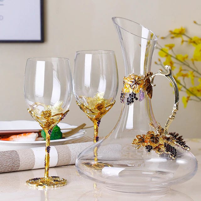 ALDO Kitchen & Dining > Tableware > Drinkware Set of Two Enamel Wine Glass and Wine Decanter Set / Crystal / Wine Glass:  21.5cm  x 7cm x 8 cm.  Wine Decanter: 27cm x 20 cm x 5.5 cm Wine Grape Design Enamel Lead Free Crystal Goblet Wine Glasses and Wine Decanter