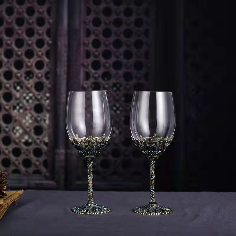 ALDO Kitchen & Dining > Tableware > Drinkware Set of Two Enamel Wine Glass / Crystal / Wine Glass:  21.5 x 6.7 x 6.5cm. Decanter: 24cm x 19 cm x 5.5 cm Custom Made Vintage Enamel Lead Free Crystal Goblet Wine Glasses and Wine Decanter