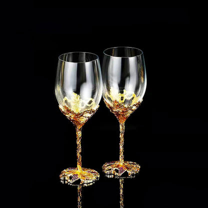 ALDO Kitchen & Dining > Tableware > Drinkware Set of Two Enamel Wine Glass / Crystal / Wine Glass:  21.5cm  x 7cm x 8 cm.  Wine Decanter: 27cm x 20 cm x 5.5 cm Golden Grape Vintage Enamel Lead Free Crystal Goblet Wine Glasses and Wine Decanter